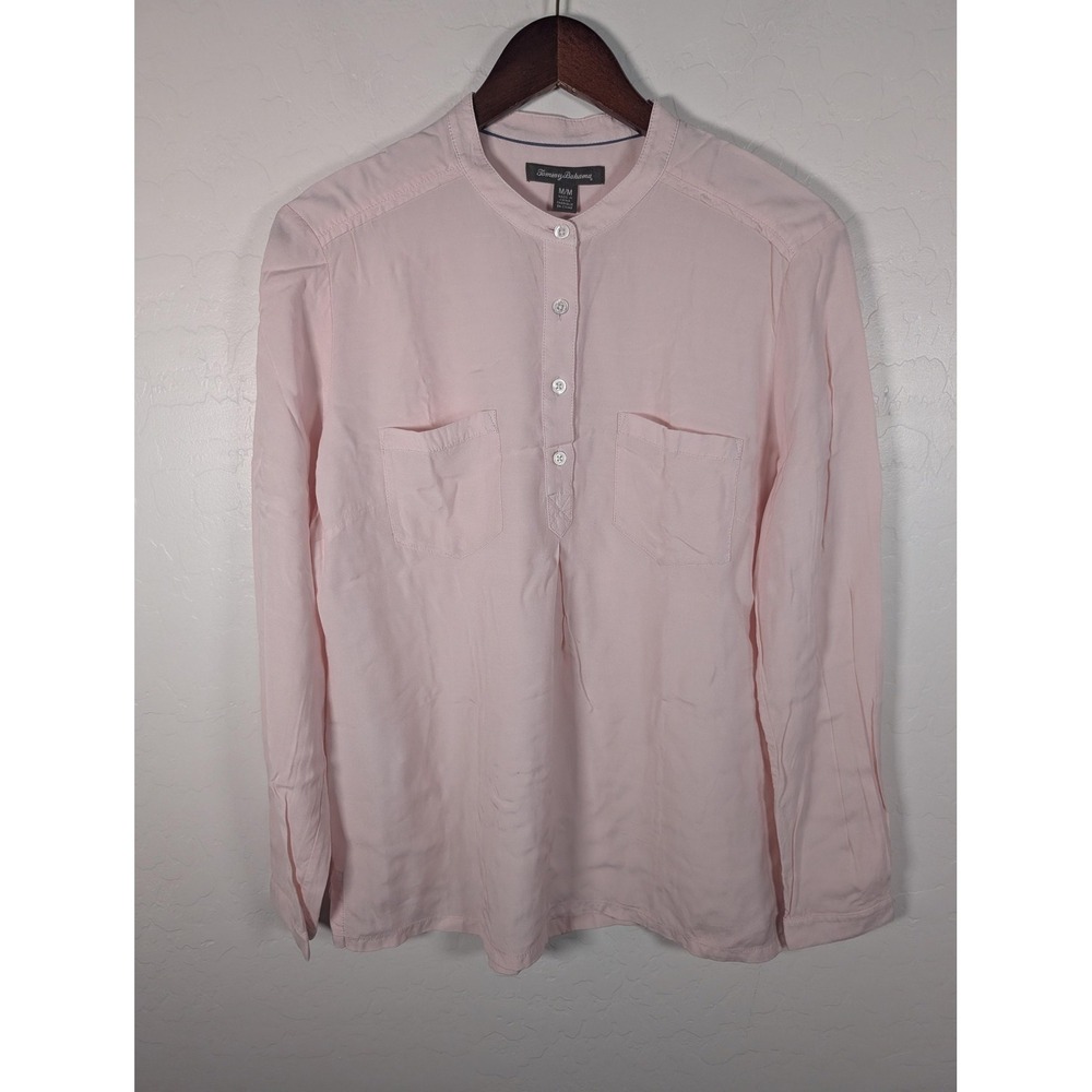 Tommy Bahama Shirt Womens Medium Pink Henley Mandarin Collar‎ Long Sleeve Blouse